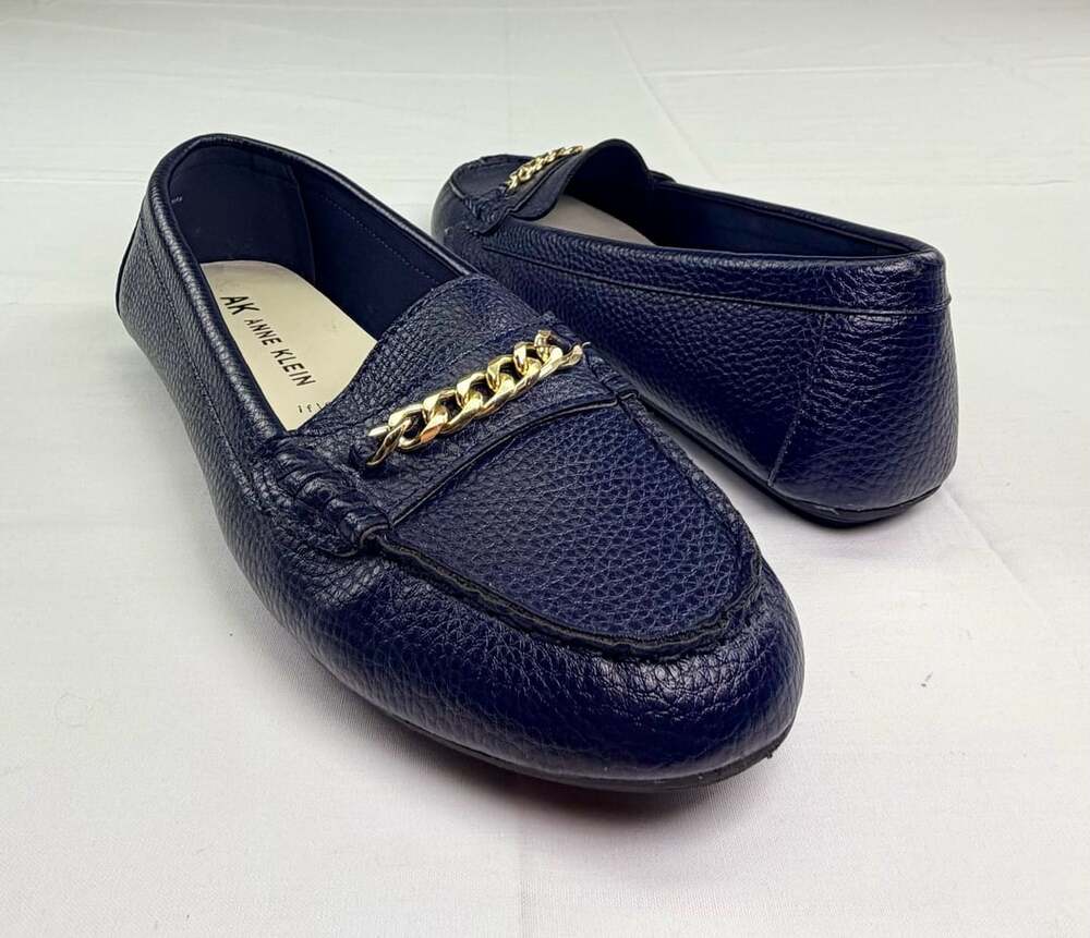 Anne Klein Navy Blue Leather Loafers with Gold Chain Detail 9.5